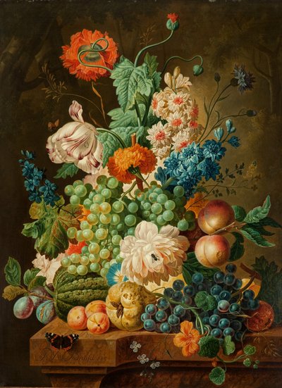 Frutta e fiori su un tavolo di marmo da Paul Theodor van Brussel